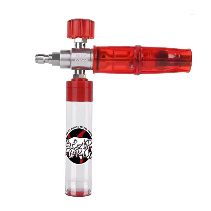 BEAR FORCE 70ML Foam Canon — compact 70 ml snow foam lance with a slim transparent reservoir, red adjustable spray nozzle and 1/4 inch quick fitting, photographed on white.