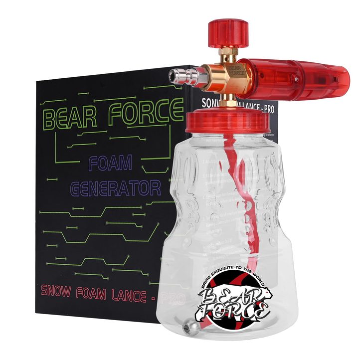 BEAR FORCE BR Foam Cannon — the same 1 litre transparent tank with a gold brass valve manifold, red soap regulation dial and adjustable spray nozzle, photographed on white with its retail box behind it.
