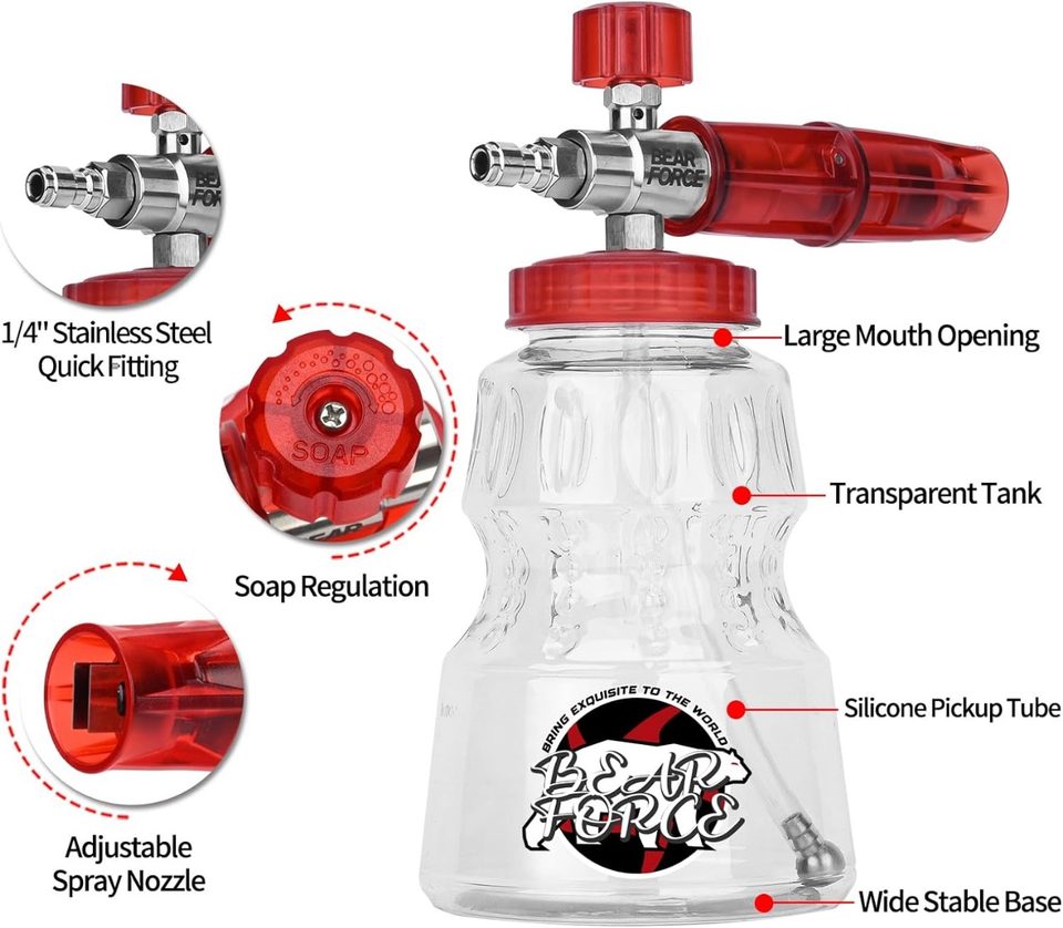 Annotated BEAR FORCE foam cannon diagram labelling the 1/4 inch stainless steel quick fitting, soap regulation dial, adjustable spray nozzle, large mouth opening, transparent tank, silicone pickup tube and wide stable base.